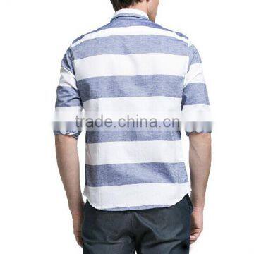 Latest Design One Pocket Oxford Blue and White Stripe Men' s Shirts photo-2