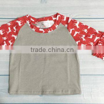 Christmas deer pattern ruffle raglan t- shirt wholesale fall boutique girl clothing 3/4 sleeve christmas girls clothes