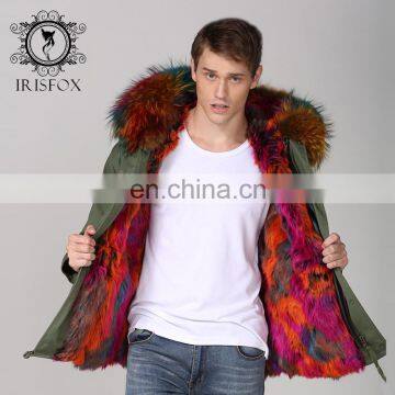 Irisfox 2017 high quality colorful raccoon fur hood coat for men