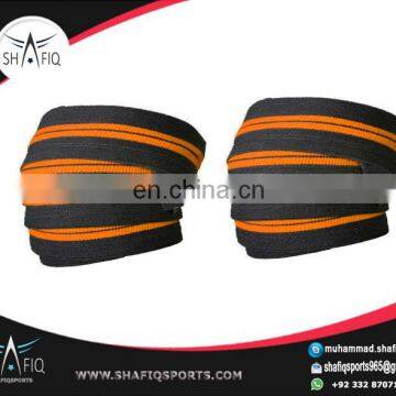 Weight Lifting Knee Wraps for Knee Support in Black Color with two Orange strips