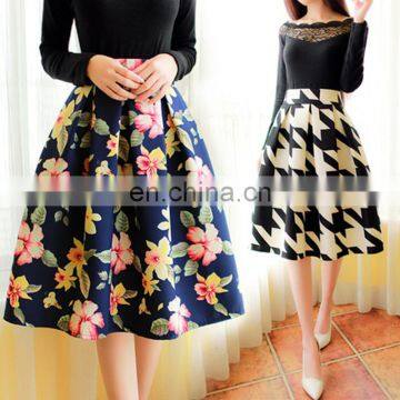 Custom High Quality Spring Fashion Vintage Women Long Skirt Print Flower School Maxi High Waist Skirt Pleated Skirts Plus Size