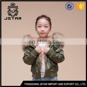 Green short bomber jackets for kids with raccoon fur collar