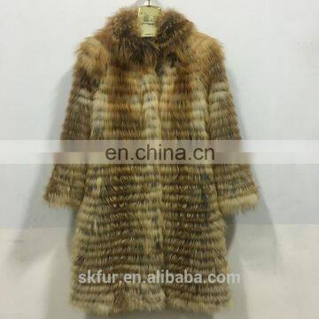 Factory wholesale winter warm long style knitted thick real red or silver fox fur coat for women