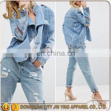 China Dongguan Wholesales Women Embroidered Braid Patch Denim Jackets JABC026