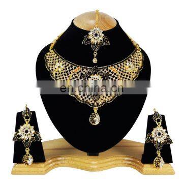 Fancy Intricate Design Black Color Flower Gold Plated Kundan Zerconic Necklace Earrings Tikka