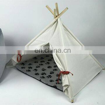 Pet Teepee Tent for Dogs Cats Portable Foldable Cotton Canvas Pets House Bed for Rabbit Puppy 4 Poles Pine Wooden With Floor Whi photo-5