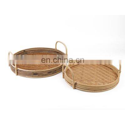 K&B wholesale hot sale circular wooden rattan serving ottoman tray with handles for home