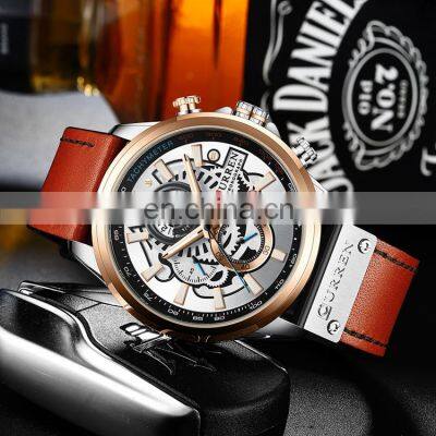 CURREN 8380 Top Quality Latest Three Eyes Day Date Leather Strap Luminous Analog Quartz Watch for Men