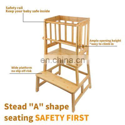 Bamboo Kitchen Step Stool Kids And Toddlers Kids Step Stool Standing Tower Learning Stool For Bathroom& Kitchen With Safety Rail photo-2