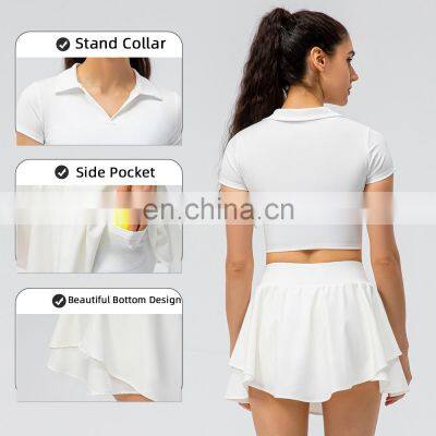 Blank Customize Hot Sale Women Sports Fitness Yoga Suit Short Sleeve Top Match Golf Tennis Set Mini Skirt 2 Piece Tracksuit photo-3