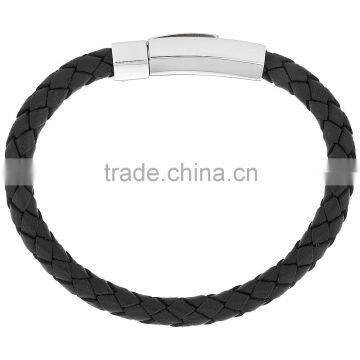 Wholesale Unisex Stainless Steel Black Braid Leather Bracelet/Bangle