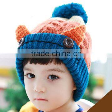 Hot Selling Fashion New Handmade Ears With Buttons Baby Kids Knitted Pom Pom Beanie Cap photo-3