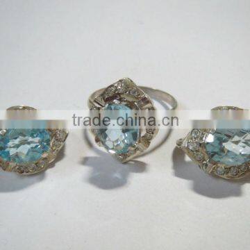 Wholesale 925 silver Blue topaz Ring and Earring Set