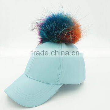 Fashion New 100% colorful raccoon fur pompoms snapback hats PU leather sport baseball caps