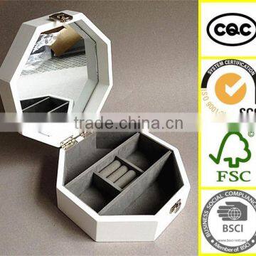 wholesale new design wood box white hexagon mirror jewelry case