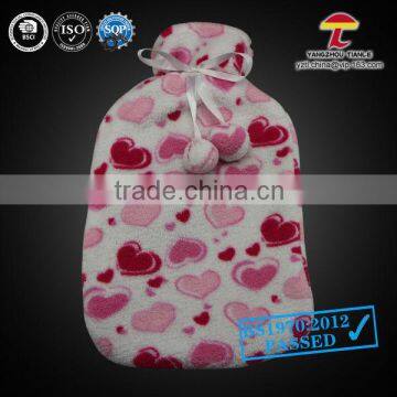 2000ml coral fleece hot water bottle cover with hearts