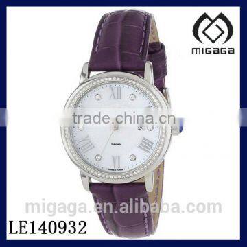 Fashion purple leather strap shiny artificial diamond bezel watch /Diamond Accent Synthetic Ladies Watch