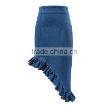 OEM service girls fashion women irregular cuttiong blue wash denim jeans long skirt jeans