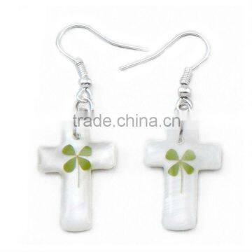 Real lucky four leaf clover Cross charm earring