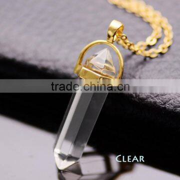 Fashion gold chains hexagon moonstone crystal point pendant precious stones quartz pendant