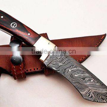 A COLOR WOOD HANDLE DAMASCUS STEEL TANTO SHAPE HUNTING KNIFE