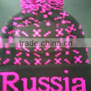 Trendy black & pink Russian knitted beanie hat with tassel