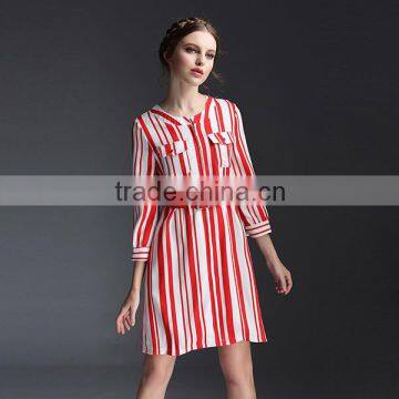 2016 Summer Elegant Women Knee Length Zipper Front Dresses Round Neck 3/4 Sleeve Chest Pocket Waist Belt Red White Striped Dress