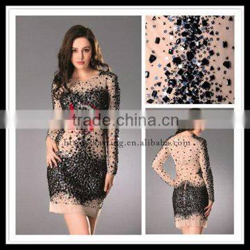 2014 new arrival long sleeve rhinestones see through short cocktail dresses