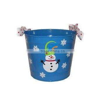 Christmas decorative tin bucket with snowman