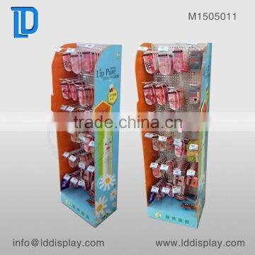 Paper peg board floor display for lipsticks, free standing make up cardboard hooks display