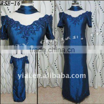 RSE16 Free Shipping Ladies Fashion Beautiful Applique And Beads Plus Size Blue Taffeta Evening Dress With Shawl