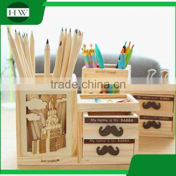 Multipurpose Wooden Double-deck Drawer Penholder Storage Pen Container Case Box Holder photo-2