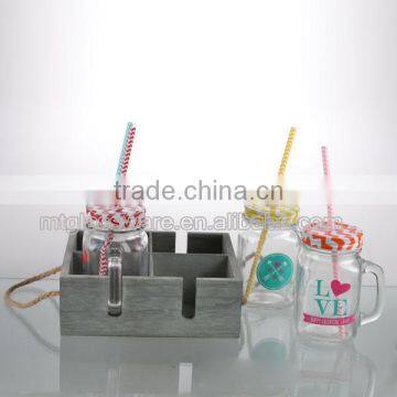 Mason Jars Glass With Lids and Straws Mental Stand With a Wooden Frame photo-2