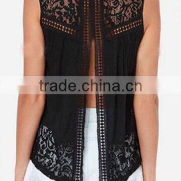 2015 Wholesale Low Price Sleeveless Sheer Lace Cutout Open Split Back See Through Top Vest Blouse photo-5