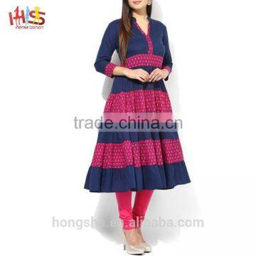 Latest Pakistani Kurti Designs Images Navy Blue and Pink Printed Designer Long Ladies Kurta Design photo-2