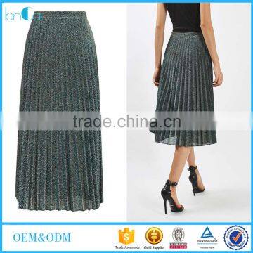 Pleated skirt women clothing factory new designs 2017 shiny long skirt