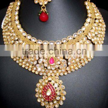 GOLD PLATED Polki Necklace Jhumka Chandelier EARRING Set photo-3