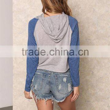 MGOO 2017 New Designs Navy Blue And Grey Raglan Sleeves Cropped Knit Hoodies Tops 180g 100% Cotton Jersey Plain photo-6