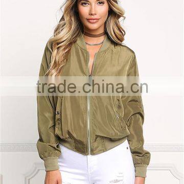 MGOO Fashion Apparel Cheap Price Custom Green Olive Bomber Jackets Crewneck Bottom Sleeves Cuff Silver Zippers photo-2