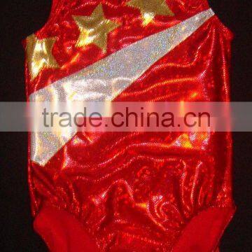 Gymnastics shiny leotard Red shattered glass with gold stars and silver slashes