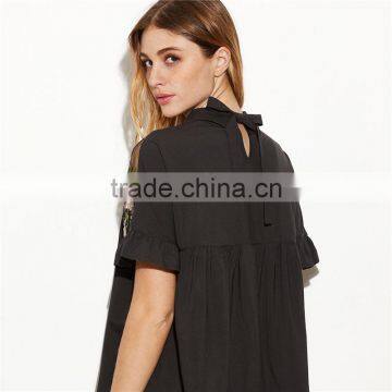 Hot Sell Embroidered Ruffle Cuff Sheer Tie Back Blouse Neck Designs Cutting photo-2