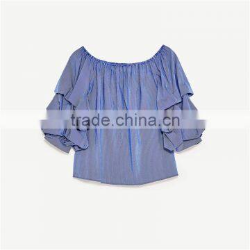 2017 OEM Spring Cute Pleated Vertical Stripes Off Shoulder Blouse photo-6