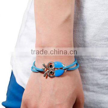 New Fashion Gold Plated Blue Suede Velvet Cord Halloween Owl Connector Black Enamel Bracelets