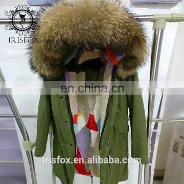 Irisfox 2016 winter warm wool lining raccoon fur hooded coat