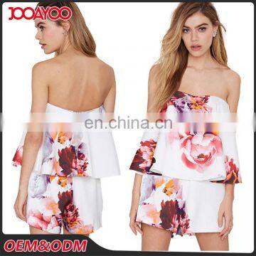 Fashion Ladies Off Shoulder Wrapped Layered Jumpsuit Custom Printed Floral Adult Romper Women