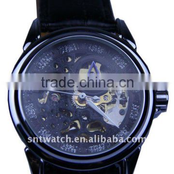 leather band mens skeleton watch