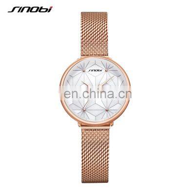 SINOBI Elegant Fashion Lady Watch Polygon Printing Dial Stainless Steel Mesh Band Quartz Watches S9817L