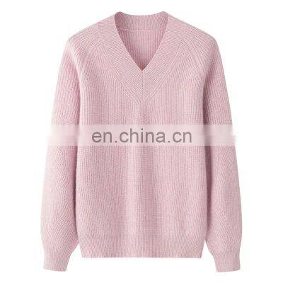 High Quality Women's 100% Cashmere V-Neck Pullover Winter Casual Rib Knitted Sweater OEM Service Available