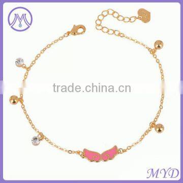 Fashion Jewelry Gold Plated Hand Enameled Angle Wing Charm Girls Anklet