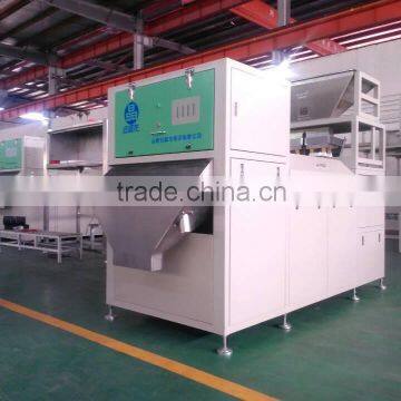 Separate stalks and yellow-wish leaves from tea raw material by double belt-type color sorter